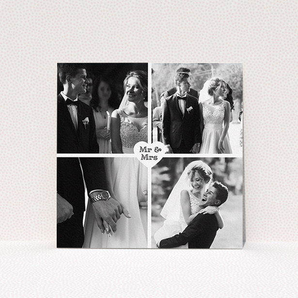 A photo wedding thank you card named "Monochrome Heart". It is a square (148mm x 148mm) card in a square orientation. It is a photographic photo wedding thank you card with room for 4 photos. "Monochrome Heart" is available as a flat card, with mainly white colouring.