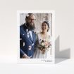 A photo wedding thank you card called "Most of the page". It is an A5 card in a portrait orientation. It is a photographic photo wedding thank you card with room for 1 photo. "Most of the page" is available as a folded card, with mainly white colouring.