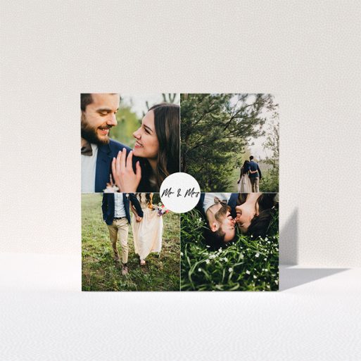 A photo wedding thank you card named "Mr and Mrs". It is a square (148mm x 148mm) card in a square orientation. It is a photographic photo wedding thank you card with room for 4 photos. "Mr and Mrs" is available as a folded card, with mainly white colouring.