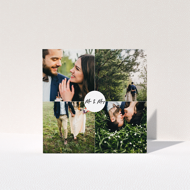 A photo wedding thank you card named "Mr and Mrs". It is a square (148mm x 148mm) card in a square orientation. It is a photographic photo wedding thank you card with room for 4 photos. "Mr and Mrs" is available as a folded card, with mainly white colouring.