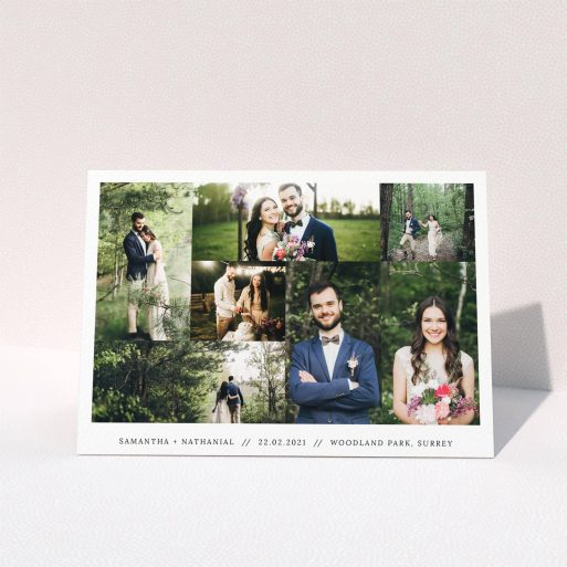 A photo wedding thank you card named "No Gap Photo Arrangement". It is an A5 card in a landscape orientation. It is a photographic photo wedding thank you card with room for 7 photos. "No Gap Photo Arrangement" is available as a folded card, with mainly white colouring.