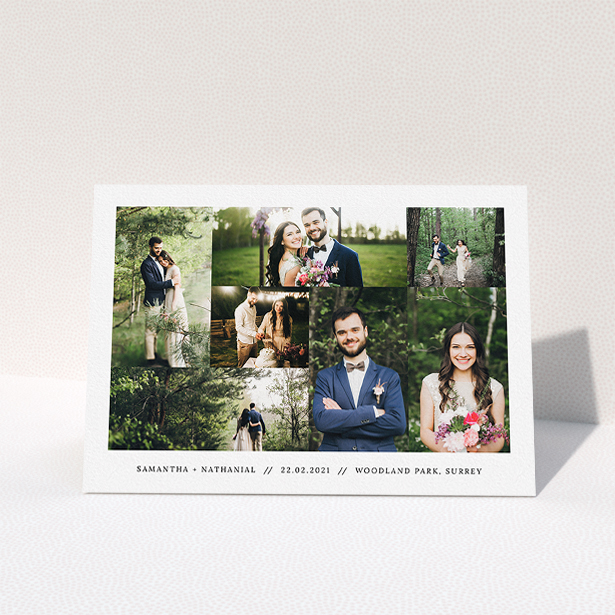 A photo wedding thank you card named "No Gap Photo Arrangement". It is an A5 card in a landscape orientation. It is a photographic photo wedding thank you card with room for 7 photos. "No Gap Photo Arrangement" is available as a folded card, with mainly white colouring.