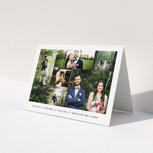 A photo wedding thank you card named 'No Gap Photo Arrangement'. It is an A5 card in a landscape orientation. It is a photographic photo wedding thank you card with room for 7 photos. 'No Gap Photo Arrangement' is available as a folded card, with mainly white colouring.