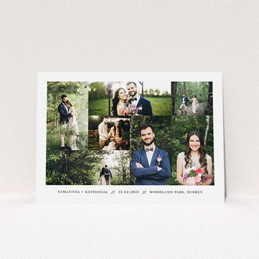 A photo wedding thank you card design named "No Gap Photo Arrangement". It is an A6 card in a landscape orientation. It is a photographic photo wedding thank you card with room for 7 photos. "No Gap Photo Arrangement" is available as a flat card, with mainly white colouring.