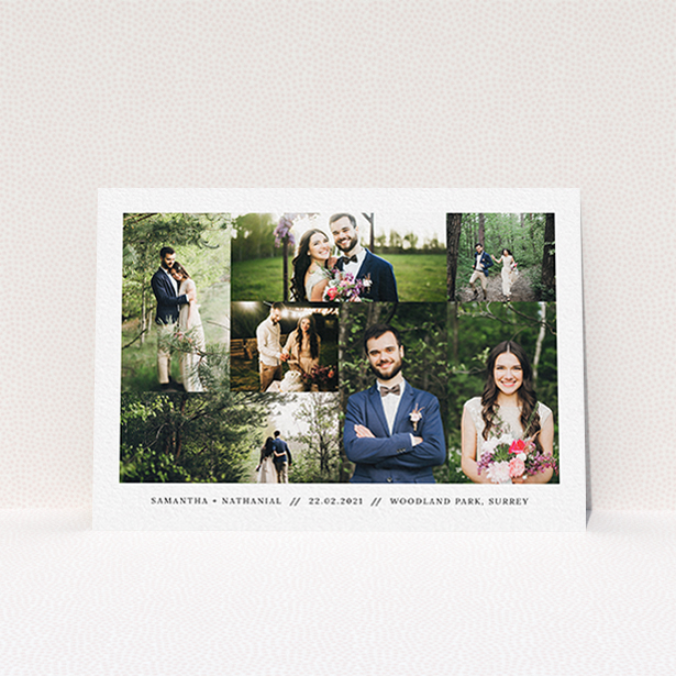 A photo wedding thank you card design named "No Gap Photo Arrangement". It is an A6 card in a landscape orientation. It is a photographic photo wedding thank you card with room for 7 photos. "No Gap Photo Arrangement" is available as a flat card, with mainly white colouring.