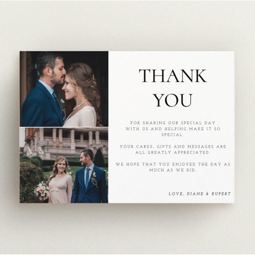 A photo wedding thank you card template titled "On the top". It is an A5 card in a landscape orientation. It is a photographic photo wedding thank you card with room for 1 photo. "On the top" is available as a flat card, with tones of black and white.