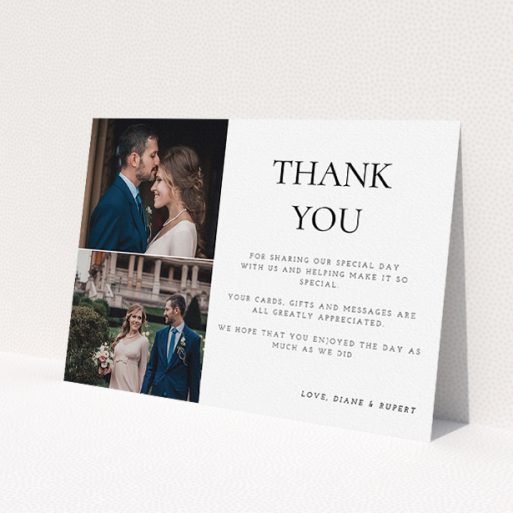 A photo wedding thank you card template titled 'On the top'. It is an A5 card in a landscape orientation. It is a photographic photo wedding thank you card with room for 1 photo. 'On the top' is available as a flat card, with tones of black and white.
