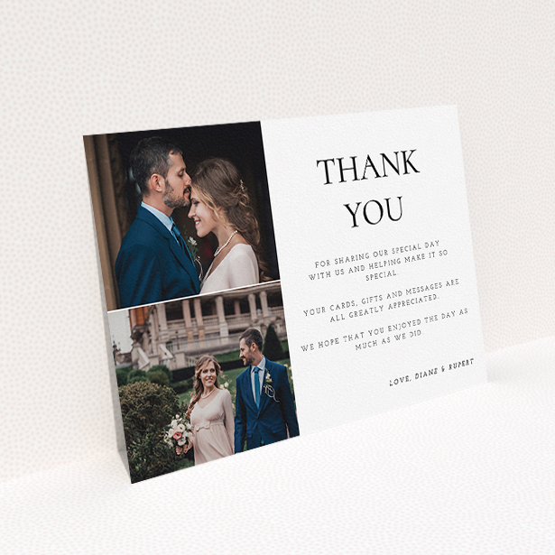 A photo wedding thank you card template titled "On the top". It is an A5 card in a landscape orientation. It is a photographic photo wedding thank you card with room for 1 photo. "On the top" is available as a flat card, with tones of black and white.