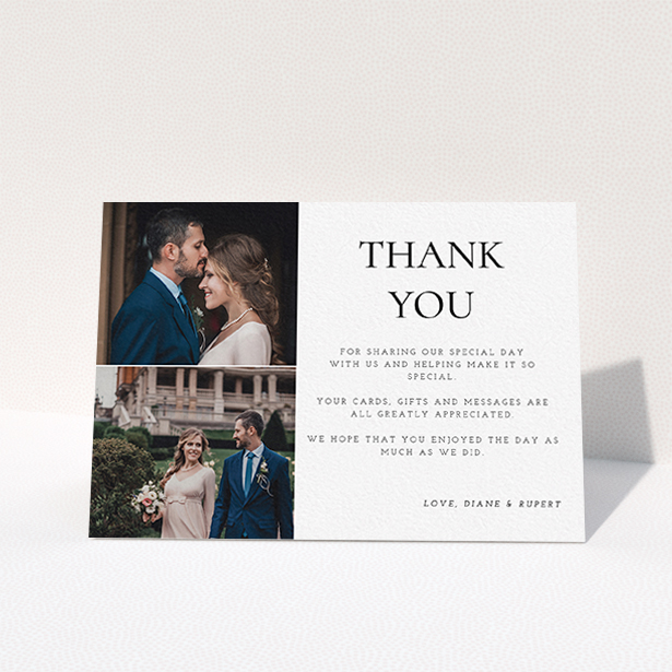 A photo wedding thank you card design named "On the top". It is an A6 card in a landscape orientation. It is a photographic photo wedding thank you card with room for 1 photo. "On the top" is available as a folded card, with tones of black and white.