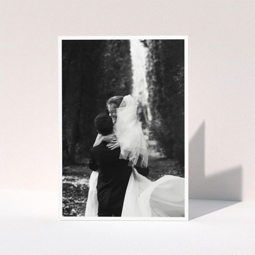 A photo wedding thank you card design called "One Photo Thanks". It is an A5 card in a portrait orientation. It is a photographic photo wedding thank you card with room for 1 photo. "One Photo Thanks" is available as a folded card.