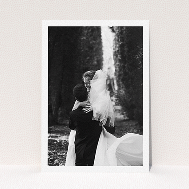 A photo wedding thank you card template titled "One Photo Thanks". It is an A6 card in a portrait orientation. It is a photographic photo wedding thank you card with room for 1 photo. "One Photo Thanks" is available as a flat card.