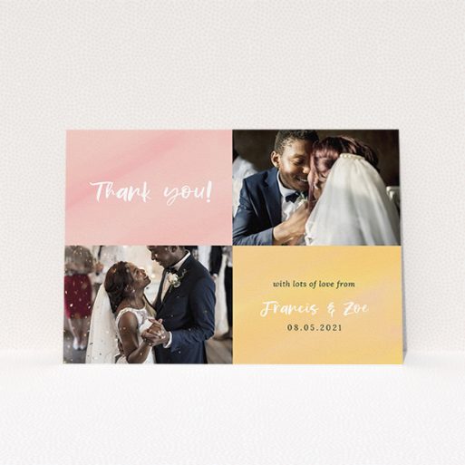 A photo wedding thank you card design titled "Pastel Watercolours". It is an A5 card in a landscape orientation. It is a photographic photo wedding thank you card with room for 2 photos. "Pastel Watercolours" is available as a flat card, with tones of pink and orange.