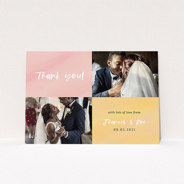 A photo wedding thank you card design titled "Pastel Watercolours". It is an A5 card in a landscape orientation. It is a photographic photo wedding thank you card with room for 2 photos. "Pastel Watercolours" is available as a flat card, with tones of pink and orange.