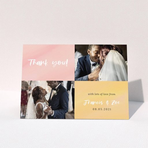 A photo wedding thank you card named "Pastel Watercolours". It is an A6 card in a landscape orientation. It is a photographic photo wedding thank you card with room for 2 photos. "Pastel Watercolours" is available as a folded card, with tones of pink and orange.