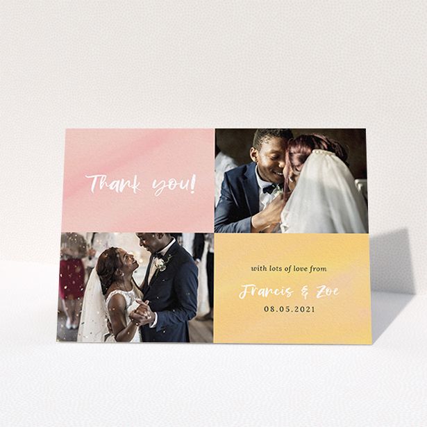 A photo wedding thank you card named "Pastel Watercolours". It is an A6 card in a landscape orientation. It is a photographic photo wedding thank you card with room for 2 photos. "Pastel Watercolours" is available as a folded card, with tones of pink and orange.