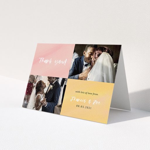 A photo wedding thank you card named 'Pastel Watercolours'. It is an A6 card in a landscape orientation. It is a photographic photo wedding thank you card with room for 2 photos. 'Pastel Watercolours' is available as a folded card, with tones of pink and orange.
