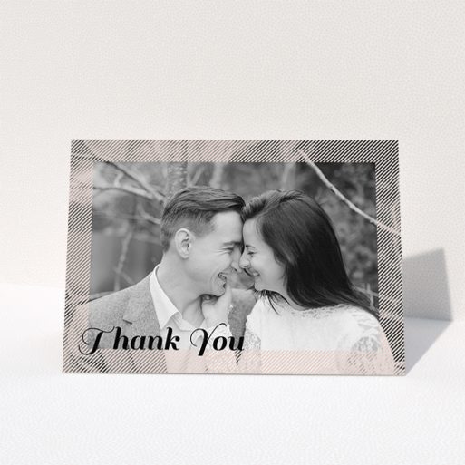 A photo wedding thank you card design titled "Peach Over-Frame". It is an A5 card in a landscape orientation. It is a photographic photo wedding thank you card with room for 1 photo. "Peach Over-Frame" is available as a folded card, with mainly light pink colouring.