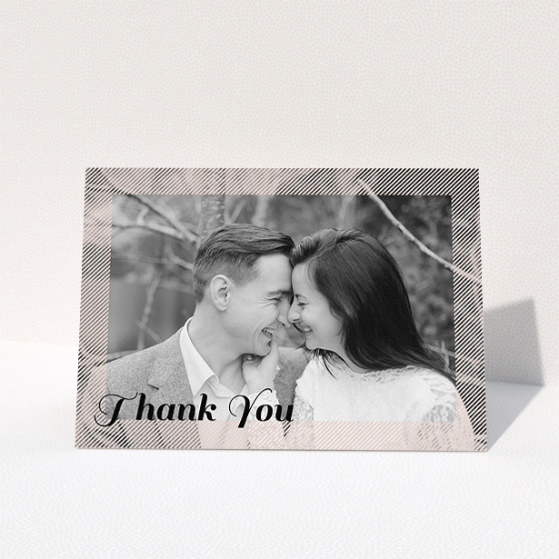 A photo wedding thank you card design titled "Peach Over-Frame". It is an A5 card in a landscape orientation. It is a photographic photo wedding thank you card with room for 1 photo. "Peach Over-Frame" is available as a folded card, with mainly light pink colouring.