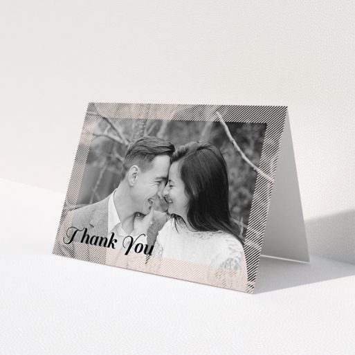 A photo wedding thank you card design called 'Peach Over-Frame'. It is an A6 card in a landscape orientation. It is a photographic photo wedding thank you card with room for 1 photo. 'Peach Over-Frame' is available as a folded card, with mainly light pink colouring.