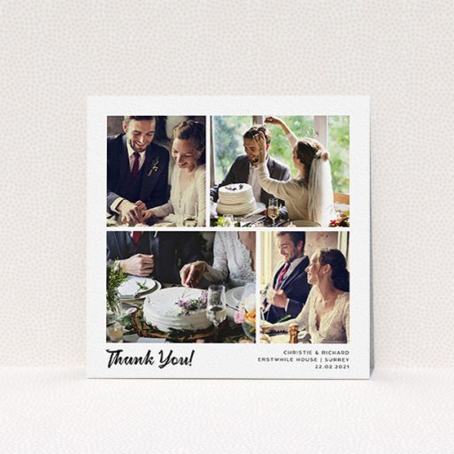 A photo wedding thank you card template titled "Photo Album Card". It is a square (148mm x 148mm) card in a square orientation. It is a photographic photo wedding thank you card with room for 5 photos. "Photo Album Card" is available as a flat card, with mainly white colouring.