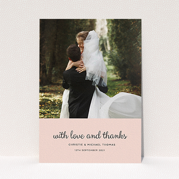 A photo wedding thank you card template titled "Pink Footer". It is an A6 card in a portrait orientation. It is a photographic photo wedding thank you card with room for 1 photo. "Pink Footer" is available as a flat card, with mainly pink colouring.