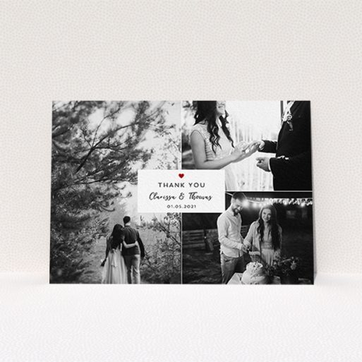 A photo wedding thank you card design titled "Portrait and Landscapes". It is an A6 card in a landscape orientation. It is a photographic photo wedding thank you card with room for 3 photos. "Portrait and Landscapes" is available as a flat card, with tones of white and red.