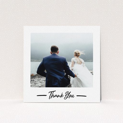 A photo wedding thank you card template titled "Portrait Thank You Photo". It is a square (148mm x 148mm) card in a square orientation. It is a photographic photo wedding thank you card with room for 1 photo. "Portrait Thank You Photo" is available as a flat card, with mainly white colouring.