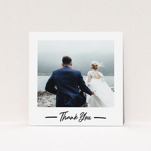 A photo wedding thank you card template titled "Portrait Thank You Photo". It is a square (148mm x 148mm) card in a square orientation. It is a photographic photo wedding thank you card with room for 1 photo. "Portrait Thank You Photo" is available as a flat card, with mainly white colouring.