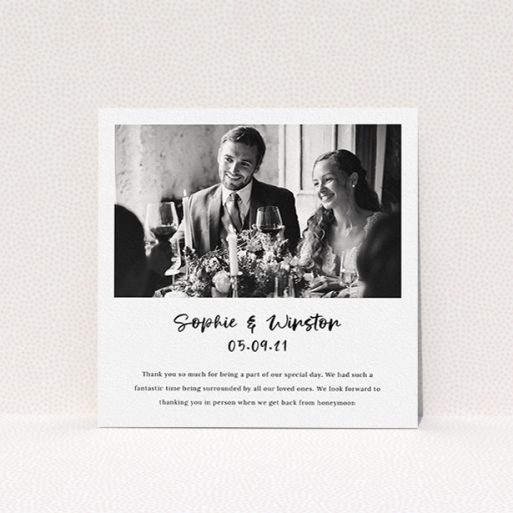 A photo wedding thank you card named "Printed Thank You Message". It is a square (148mm x 148mm) card in a square orientation. It is a photographic photo wedding thank you card with room for 1 photo. "Printed Thank You Message" is available as a flat card, with mainly white colouring.