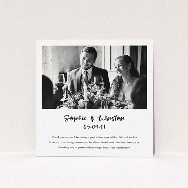 A photo wedding thank you card named "Printed Thank You Message". It is a square (148mm x 148mm) card in a square orientation. It is a photographic photo wedding thank you card with room for 1 photo. "Printed Thank You Message" is available as a flat card, with mainly white colouring.