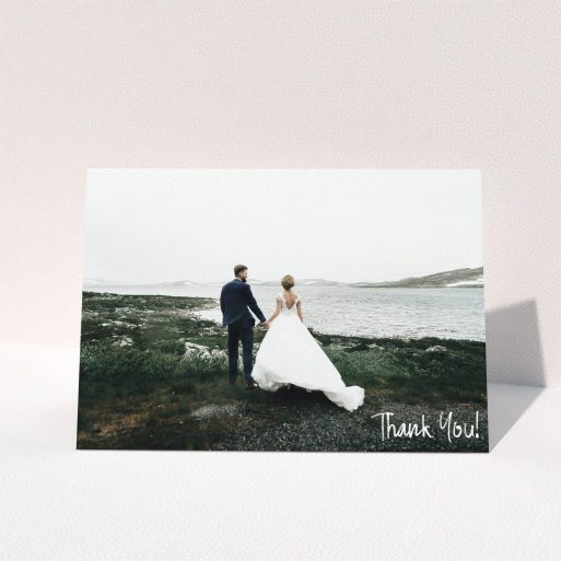 A photo wedding thank you card named "Rough but Simple Photo". It is an A5 card in a landscape orientation. It is a photographic photo wedding thank you card with room for 1 photo. "Rough but Simple Photo" is available as a folded card, with mainly white colouring.