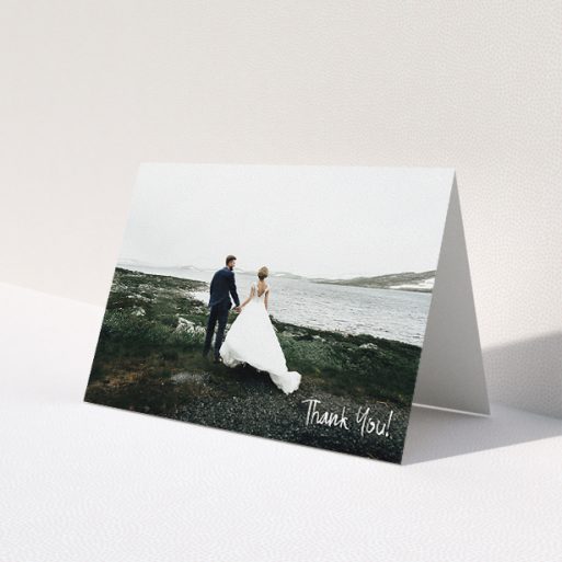 A photo wedding thank you card named 'Rough but Simple Photo'. It is an A5 card in a landscape orientation. It is a photographic photo wedding thank you card with room for 1 photo. 'Rough but Simple Photo' is available as a folded card, with mainly white colouring.