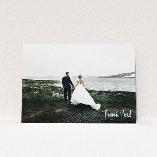 A photo wedding thank you card design named "Rough but Simple Photo". It is an A6 card in a landscape orientation. It is a photographic photo wedding thank you card with room for 1 photo. "Rough but Simple Photo" is available as a flat card, with mainly white colouring.