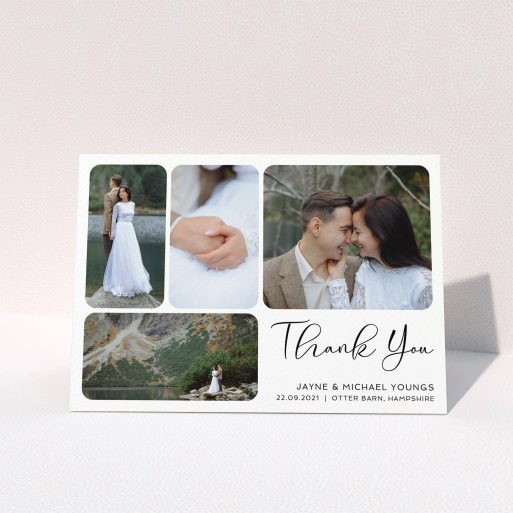 A photo wedding thank you card named "Rounded 4-photo Arrangement". It is an A5 card in a landscape orientation. It is a photographic photo wedding thank you card with room for 4 photos. "Rounded 4-photo Arrangement" is available as a folded card, with mainly white colouring.