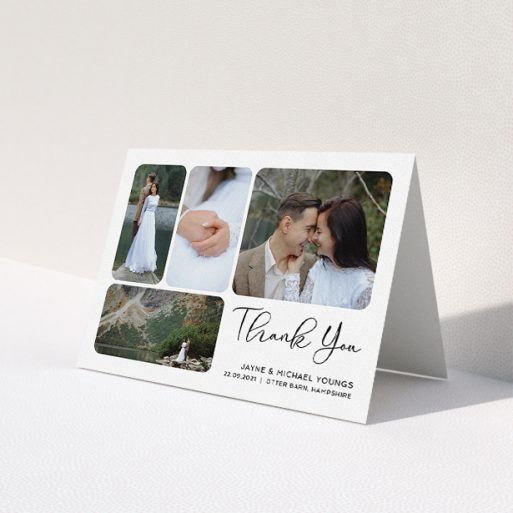 A photo wedding thank you card named 'Rounded 4-photo Arrangement'. It is an A5 card in a landscape orientation. It is a photographic photo wedding thank you card with room for 4 photos. 'Rounded 4-photo Arrangement' is available as a folded card, with mainly white colouring.