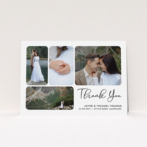 A photo wedding thank you card design named "Rounded 4-photo Arrangement". It is an A6 card in a landscape orientation. It is a photographic photo wedding thank you card with room for 4 photos. "Rounded 4-photo Arrangement" is available as a flat card, with mainly white colouring.