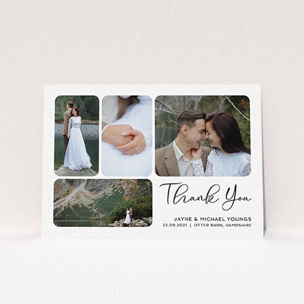 A photo wedding thank you card design named "Rounded 4-photo Arrangement". It is an A6 card in a landscape orientation. It is a photographic photo wedding thank you card with room for 4 photos. "Rounded 4-photo Arrangement" is available as a flat card, with mainly white colouring.