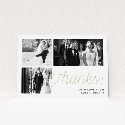 A photo wedding thank you card called "Rounded Photo Tryptic". It is an A5 card in a landscape orientation. It is a photographic photo wedding thank you card with room for 3 photos. "Rounded Photo Tryptic" is available as a flat card, with tones of white and green.