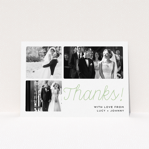 A photo wedding thank you card called "Rounded Photo Tryptic". It is an A5 card in a landscape orientation. It is a photographic photo wedding thank you card with room for 3 photos. "Rounded Photo Tryptic" is available as a flat card, with tones of white and green.
