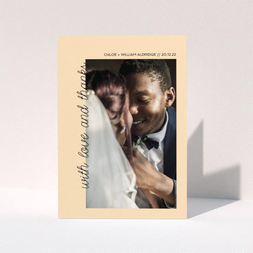 A photo wedding thank you card design titled "Rustic Orange Photo Frame". It is an A5 card in a portrait orientation. It is a photographic photo wedding thank you card with room for 1 photo. "Rustic Orange Photo Frame" is available as a folded card, with mainly faded orange colouring.