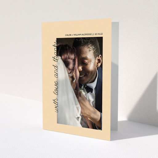 A photo wedding thank you card design titled 'Rustic Orange Photo Frame'. It is an A5 card in a portrait orientation. It is a photographic photo wedding thank you card with room for 1 photo. 'Rustic Orange Photo Frame' is available as a folded card, with mainly faded orange colouring.