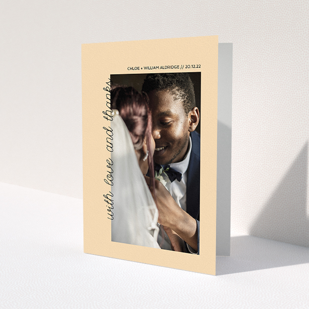 A photo wedding thank you card design titled 'Rustic Orange Photo Frame'. It is an A5 card in a portrait orientation. It is a photographic photo wedding thank you card with room for 1 photo. 'Rustic Orange Photo Frame' is available as a folded card, with mainly faded orange colouring.
