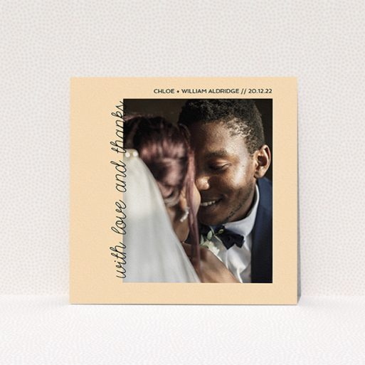 A photo wedding thank you card named "Rustic Orange Photo Frame". It is a square (148mm x 148mm) card in a square orientation. It is a photographic photo wedding thank you card with room for 1 photo. "Rustic Orange Photo Frame" is available as a flat card, with mainly faded orange colouring.