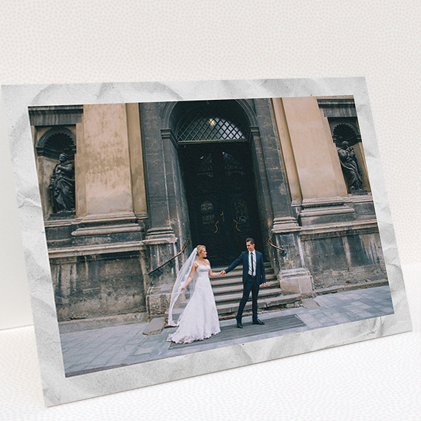 A photo wedding thank you card named "Sat on Marble". It is an A5 card in a landscape orientation. It is a photographic photo wedding thank you card with room for 1 photo. "Sat on Marble" is available as a folded card, with mainly white colouring.