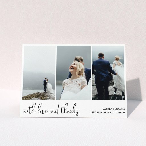 A photo wedding thank you card design named "Script Tryptic". It is an A5 card in a landscape orientation. It is a photographic photo wedding thank you card with room for 3 photos. "Script Tryptic" is available as a folded card, with mainly white colouring.