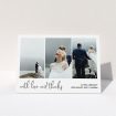 A photo wedding thank you card design named "Script Tryptic". It is an A5 card in a landscape orientation. It is a photographic photo wedding thank you card with room for 3 photos. "Script Tryptic" is available as a folded card, with mainly white colouring.