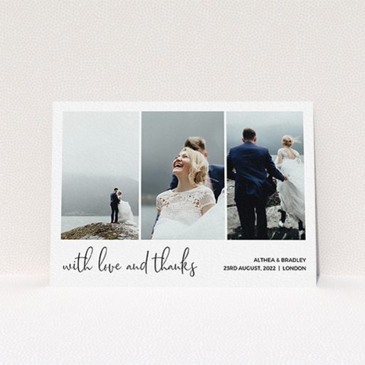 A photo wedding thank you card named "Script Tryptic". It is an A6 card in a landscape orientation. It is a photographic photo wedding thank you card with room for 3 photos. "Script Tryptic" is available as a flat card, with mainly white colouring.