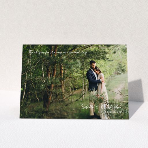 A photo wedding thank you card design called "Scripted". It is an A6 card in a landscape orientation. It is a photographic photo wedding thank you card with room for 1 photo. "Scripted" is available as a folded card, with mainly white colouring.