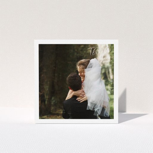 A photo wedding thank you card named "Simple Landscape Thanks". It is a square (148mm x 148mm) card in a square orientation. It is a photographic photo wedding thank you card with room for 1 photo. "Simple Landscape Thanks" is available as a folded card, with mainly white colouring.