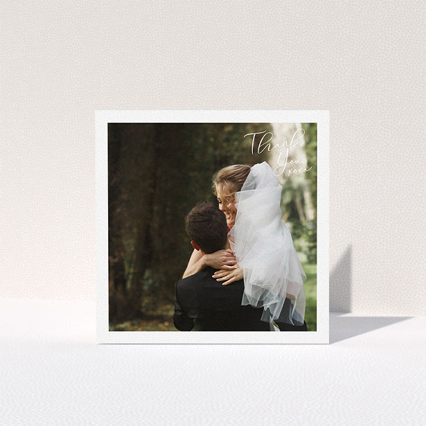 A photo wedding thank you card named "Simple Landscape Thanks". It is a square (148mm x 148mm) card in a square orientation. It is a photographic photo wedding thank you card with room for 1 photo. "Simple Landscape Thanks" is available as a folded card, with mainly white colouring.